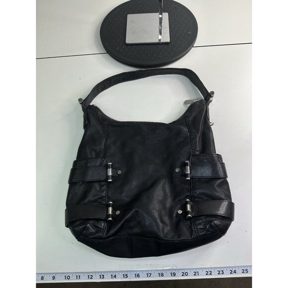 Michael Kors Black Leather Silver Hardware Shoulder Bag Purse Fulton - Picture 9 of 10